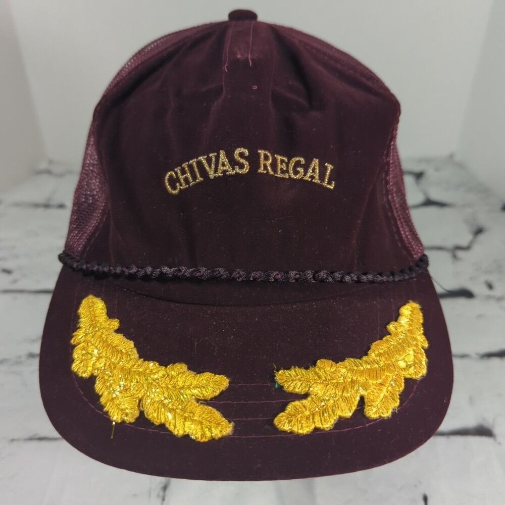 Chivas Regal Vintage Snapback Trucker Hat Scrambled‎ Eggs Maroon Rope Velour